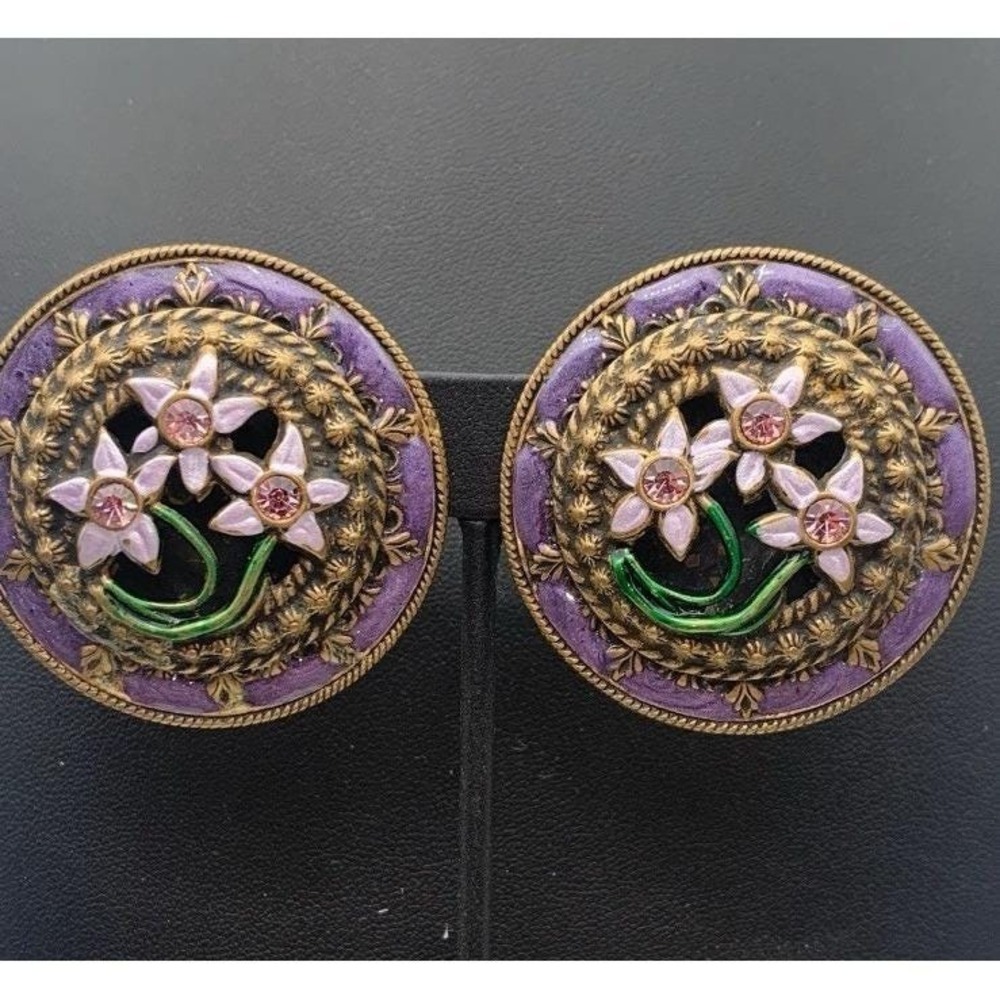 Vintage Art Deco Lavender Enamel Chunky Clip On Earrings W Flowers & Rhinestones